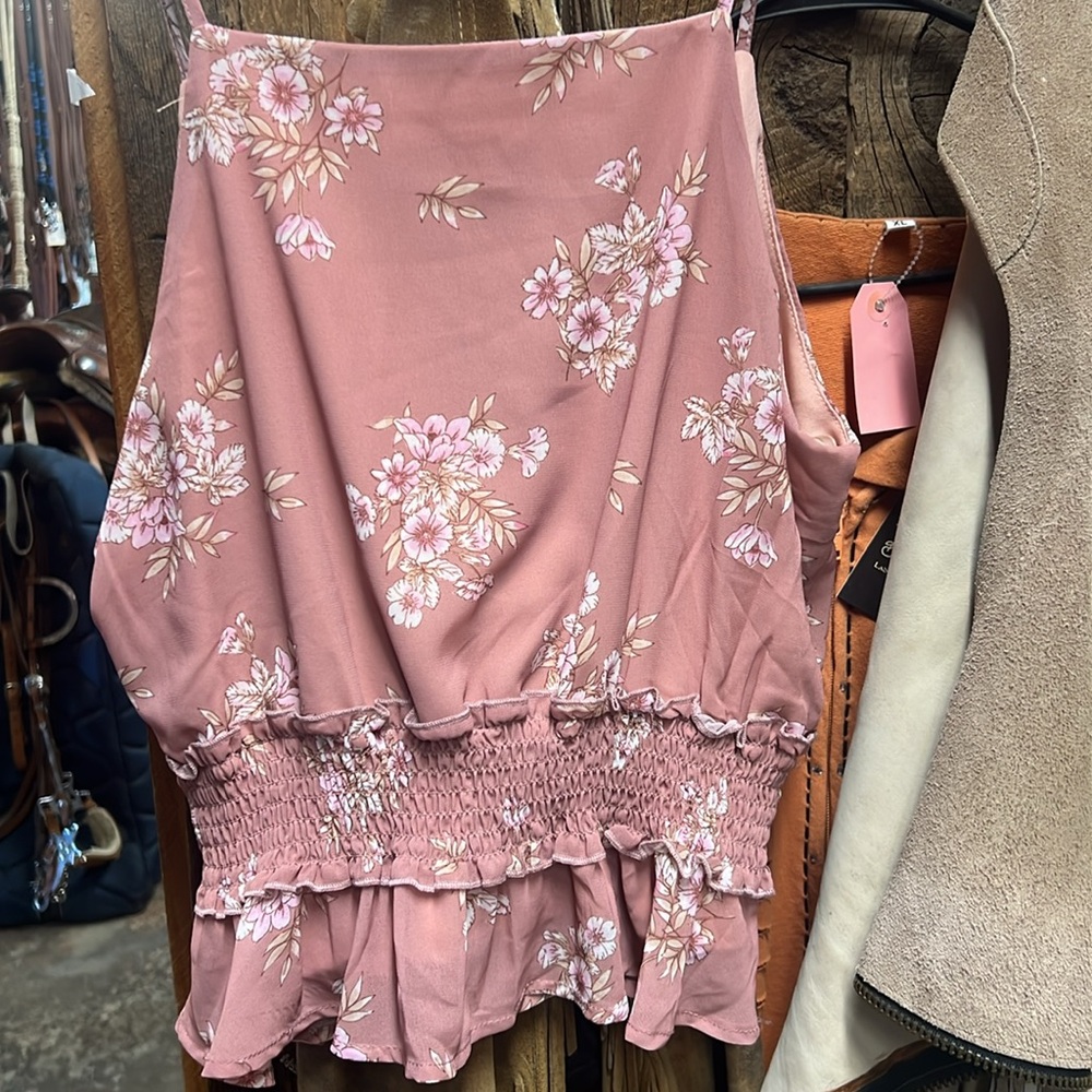 Pink Floral Ruffle Tank Medium - Picture 3 of 4